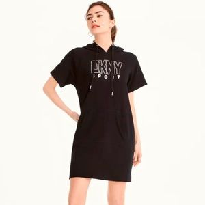 NWT! DKNY Sport Rhinestone Logo Hoodie Front Pocket Dress in Black, Small